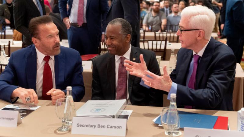 Ben Carson, Arnold Schwarzeneger, Gray Davis at USC homelessness forum in Los Angeles