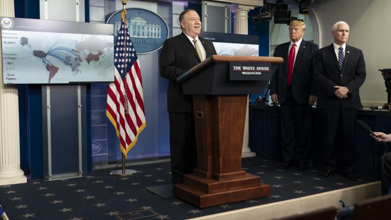 President Donald J. Trump and Vice President Mike Pence listen as Secretary of State Mike Pompeo delivers remarks during a coronavirus update briefing Wednesday, April 8, 2020, in the James S. Brady Press Briefing Room of the White House.