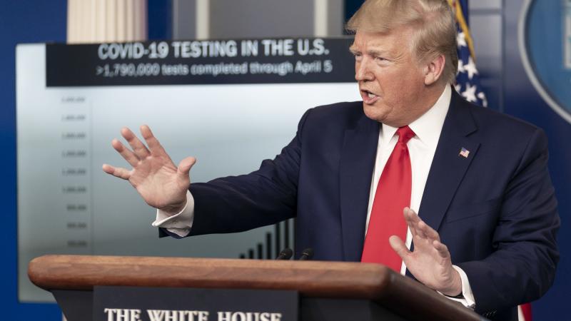 President Donald J. Trump answers a reporter’s question during a coronavirus update briefing Monday, April 6, 2020, in the James S. Brady Press Briefing Room of the White House.