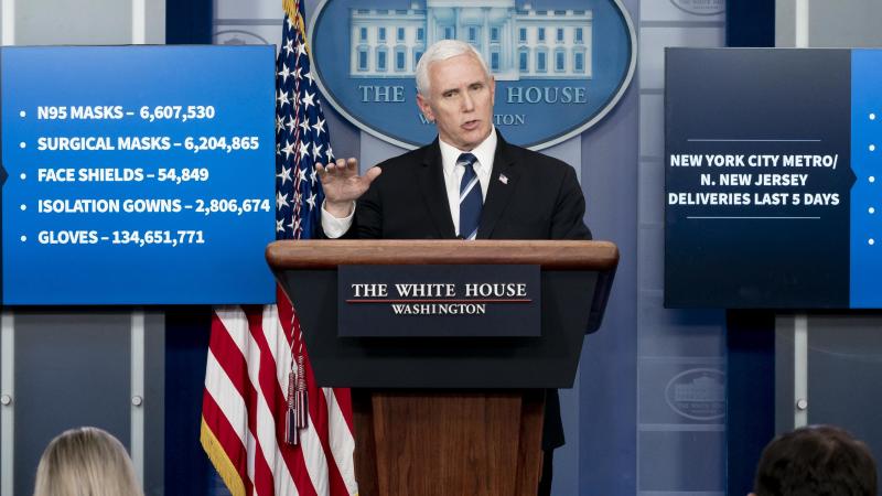 Vice President Mike Pence delivers remarks during a coronavirus update briefing Tuesday, April 7, 2020, in the James S. Brady Press Briefing Room of the White House. 