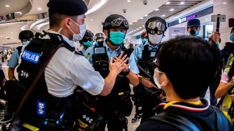 Protesters and police in Hong Kong 