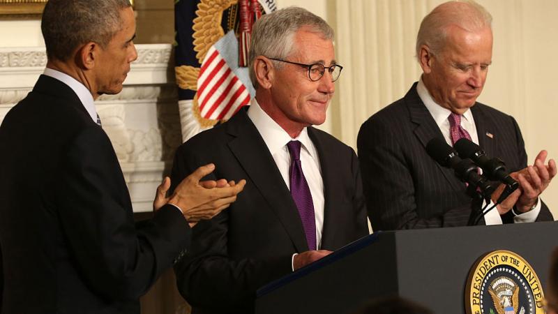 Former Secretary of Defense Chuck Hagel with then-VP Joe Biden and Barack Obama