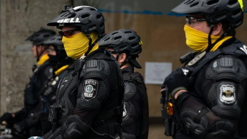 Police officers in Seattle on July 1, 2020