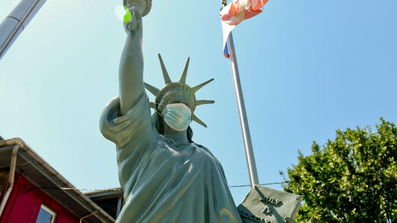 Statue of Liberty replica with face mask in Pennsylvania on August 10, 2020