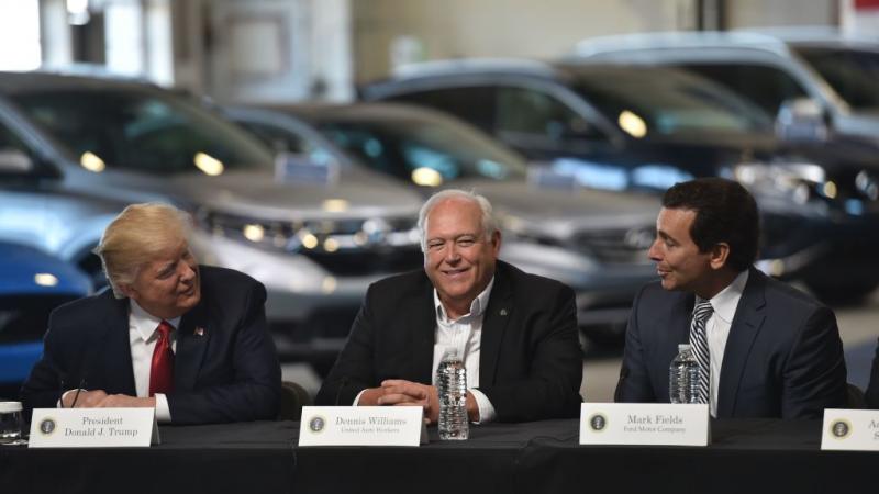 President Donald Trump, Ford Motor Company president Mark Fields, and former UAW Dennis Williams in 2017
