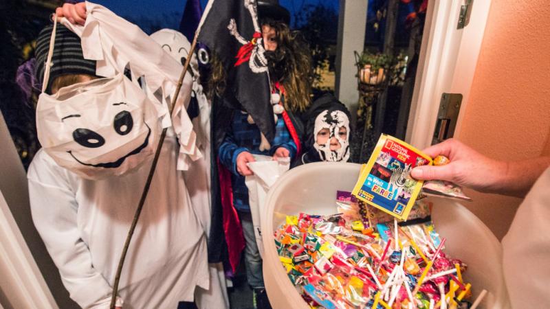 Children trick-or-treating on halloween night