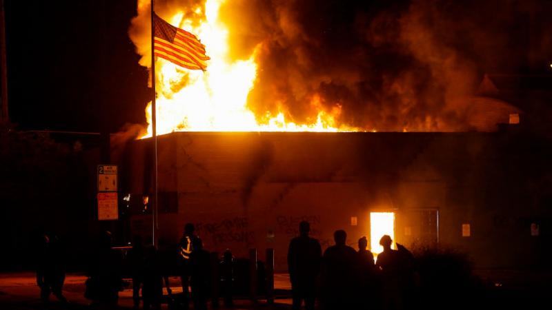 A burning building in Kenosha, Wisconsin, Aug. 24