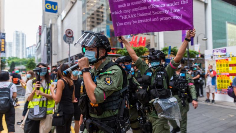 Police display warning to protestors in Hong Kong.