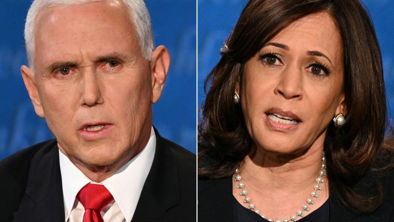 US Vice President Mike Pence and US Democratic vice presidential nominee and Senator from California Kamala Harris during the vice presidential debate in Kingsbury Hall at the University of Utah on October 7, 2020 
