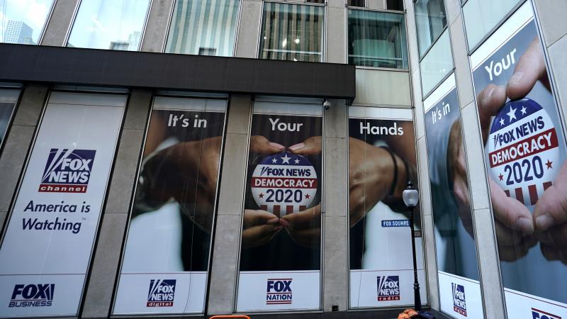 A political display is posted on the outside of the Fox News headquarters on 6th Avenue in New York July 21, 2020. 