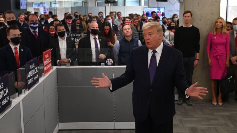 Trump speaks at his campaign headquarters 