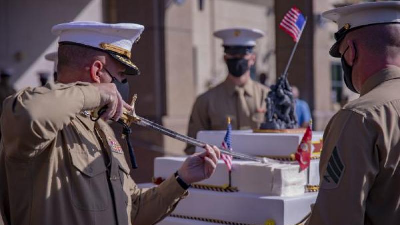 Cutting the Marine Corps birthday cake in New Orleans