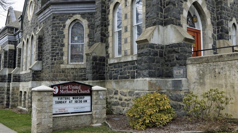 Virtual worship services announcement at church during Coronavirus pandemic shutdown in March 2020, First United Methodist Church in Moscow, Idaho.