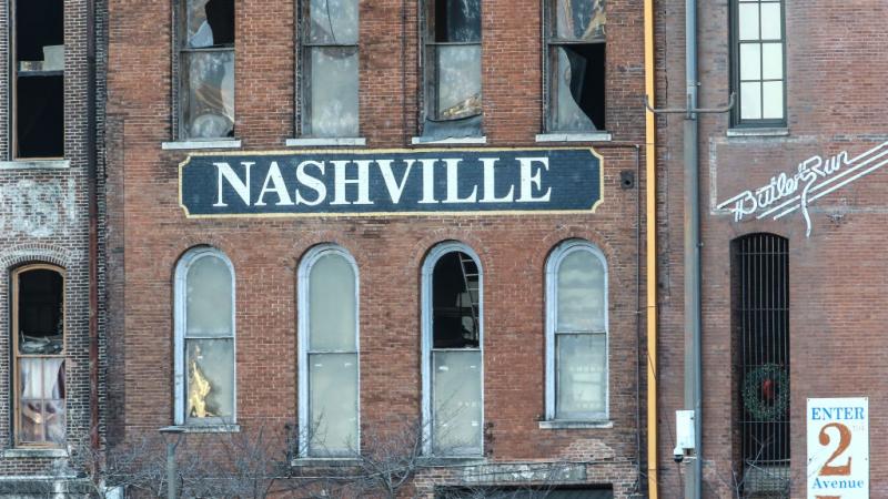 Police close off area damaged by blast on Christmas in Nashville, Tennessee 