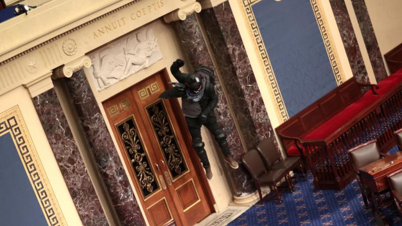 A protester in the Senate chambers, Jan. 6