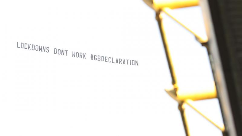 An airplane banner in support of the Great Barrington Declaration