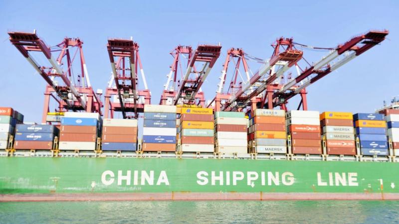 Cargo ship at Qingdao Port on February 9, 2021.