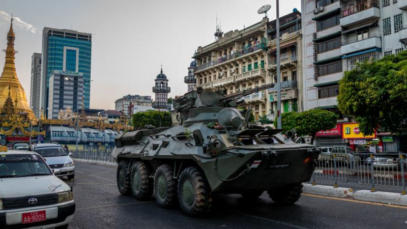 Military vehicle in Yangon, Myanmar on February 14, 2021