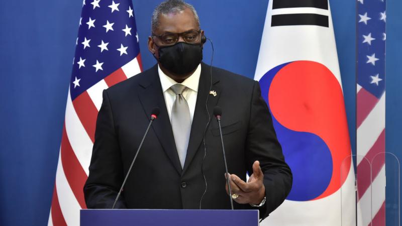 Defense Sec. Lloyd Austin in South Korea on March 18, 2021
