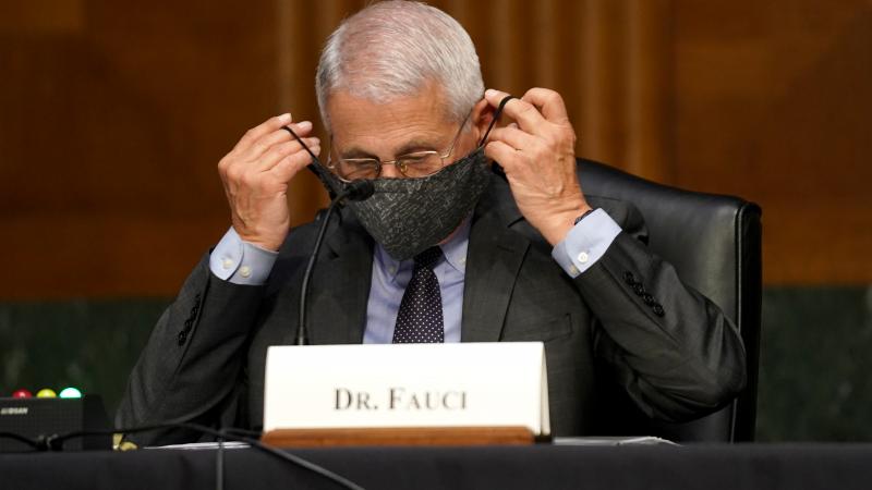  Dr. Anthony Fauci, director of the National Institute of Allergy and Infectious Diseases, puts his mask back on during a Senate Health, Education, Labor and Pensions Committee hearing to discuss the ongoing federal response to COVID-19 on May 11, 2021 in Washington, DC.