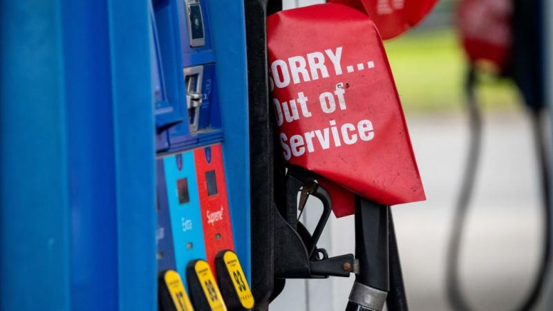 Gas pumps are seen out of service at a station in Annapolis, Maryland, on May 12, 2021