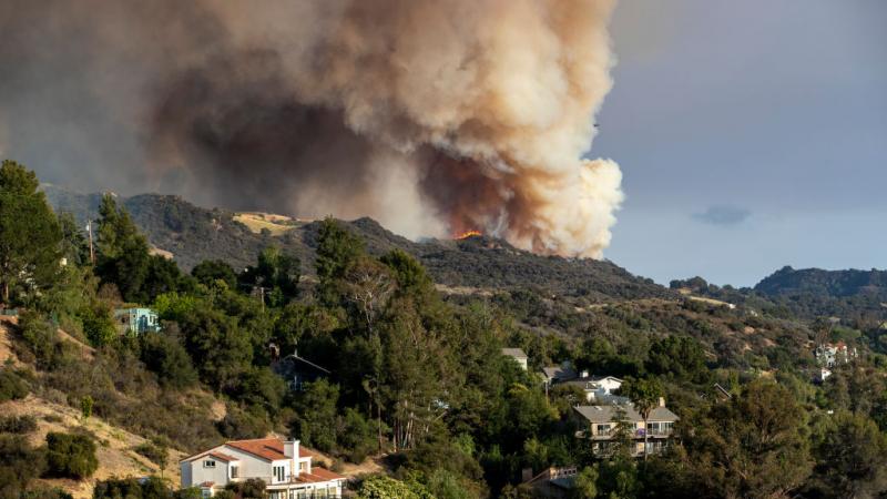 The Palisades wildfire burns out of control in rugged terrain near homes on May 15, 2021.