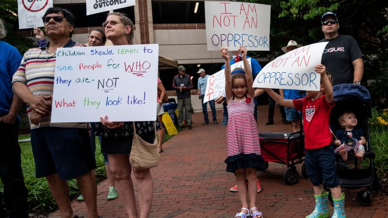 People hold up signs during a rally against "critical race theory" (CRT) being taught in schools at the Loudoun County Government center in Leesburg, Virginia on June 12, 2021.
