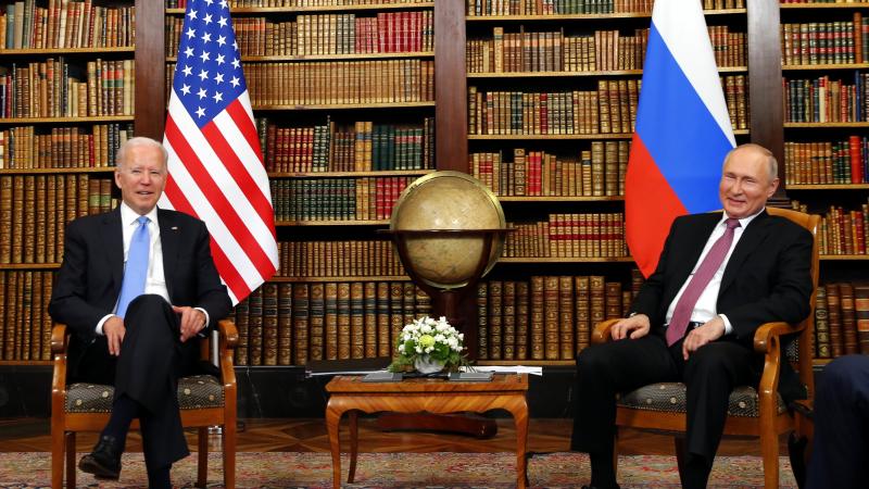 US president Joe Biden (L) and Russia's President Vladimir Putin meet at the start of the U.S.-Russia summit at Villa La Grange on June 16, 2021 in Geneva, Switzerland.