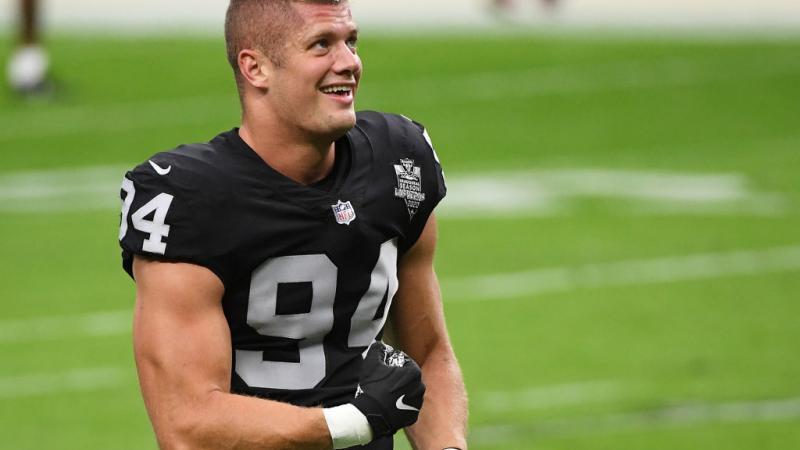 Las Vegas Raiders player, Carl Nassib, smiling before a game against the Broncos