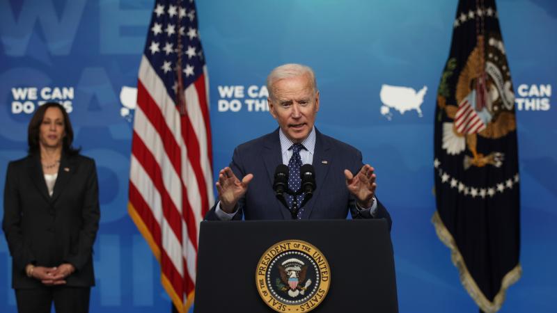 U.S. President Joe Biden (R) speaks as Vice President Kamala Harris (L) listens during an event in the South Court Auditorium of the White House June 2, 2021 in Washington, DC.
