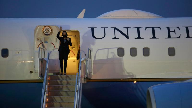 Vice President Kamala Harris departing plan at Joint Base Andrews in Maryland following technical issues.