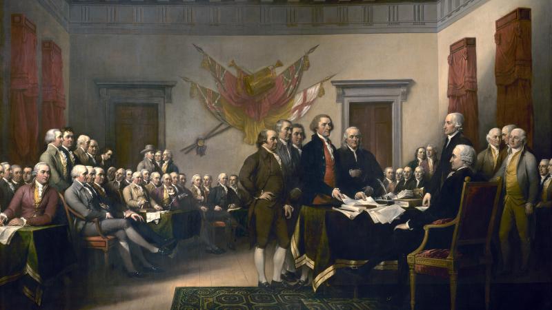 The signing of the Declaration of Independence in Philadelphia on July 4th, 1776 (by John Trumbull, American, 1756 - 1843), 1819.