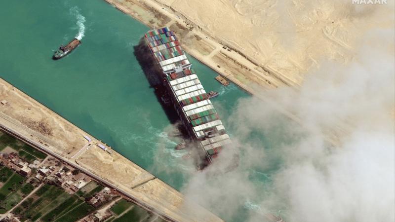 Container ship Ever Given stuck in Suez Canal in March.