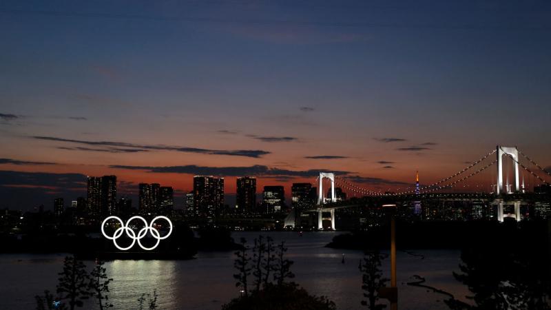 The Olympic Ring displayed in Tokyo, Japan in July 2021. 