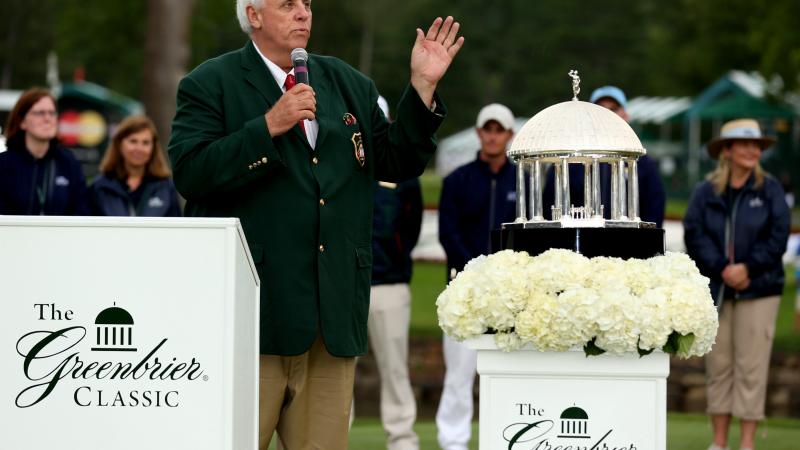 Owner of The Greenbrier Jim Justice speaks to the crowd during the final round of the Greenbrier Classic held at The Old White TPC on July 5, 2015 in White Sulphur Springs, West Virginia.