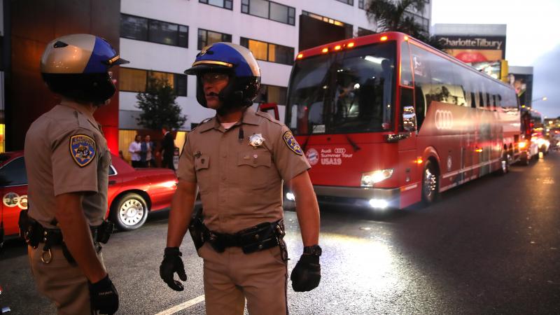 The Team of FC Bayern Muenchen arrive with the team bus at the Audi Player Night 2019 at Skybar at the Mondrian LA during the fourth day of the FC Bayern Muenchen Audi Summer Tour 2019 on July 18, 2019 in Los Angeles, California.