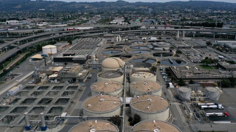 An aerial view of the East Bay Municipal Utility District Wastewater Treatment Plant on April 29, 2020 in Oakland, California.