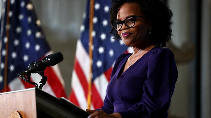 Mayor Kim Janey delivers her inaugural address after being sworn in as the Mayor of Boston at City Hall on March 24, 2021 in Boston, Massachusetts.