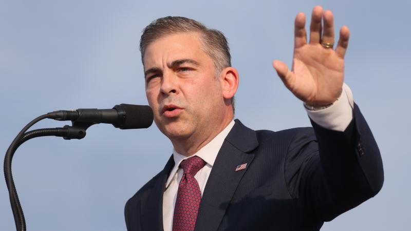 Mike Carey speaks at a rally hosted by former President Donald Trump after receiving his endorsement on June 26, 2021 in Wellington, Ohio. Carey is running for a seat vacated by former U.S. Rep. Steve Stivers in Ohio's 15th Congressional District.