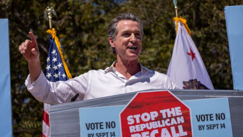 ov. Gavin Newsom addresses a "Stop the Republican Recall" rally as he campaigns