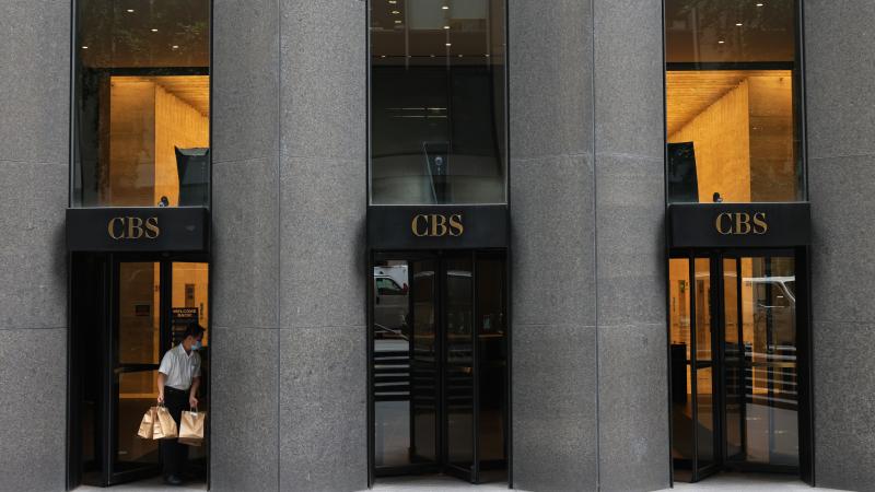 A man enters the CBS Building, also known as the Black Rock building on August 17, 2021 in New York City.