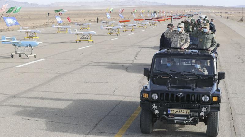 Iranian military leaders attend a UAV drill in January 2021
