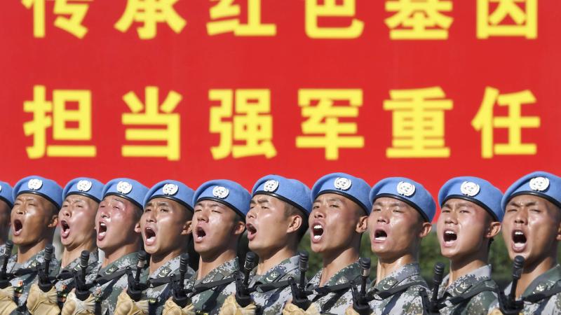 Chinese soldiers practice marching in formation ahead of military parade to celebrate the 70th anniversary of the founding of the People's Republic of China, September 25, 2019, Beijing, China. (Naohiko Hatta/Pool/Getty Images)