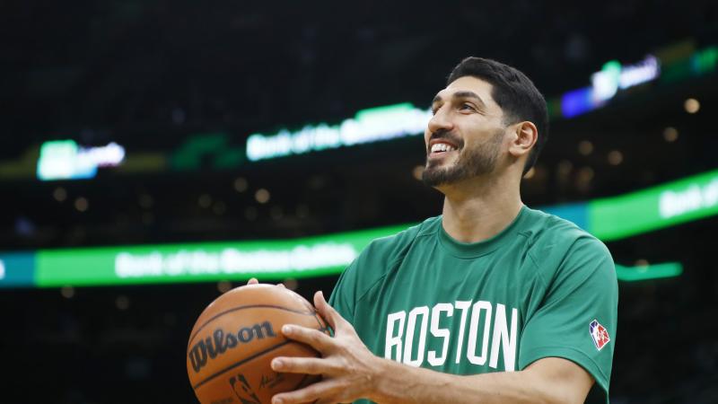BOSTON, MASSACHUSETTS - OCTOBER 27: Enes Kanter #13 of the Boston Celtics reacts before the game against the Washington Wizards at TD Garden on October 27, 2021 in Boston, Massachusetts. NOTE TO USER: User expressly acknowledges and agrees that, by downloading and or using this photograph, User is consenting to the terms and conditions of the Getty Images License Agreement. (Photo by Omar Rawlings/Getty Images)