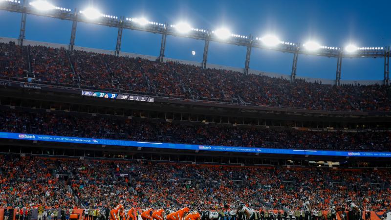 A general view of the moon rising over the stadium during the second half of a game between the Denver Broncos and the Philadelphia Eagles at Empower Field at Mile High on November 14, 2021 in Denver, Colorado.