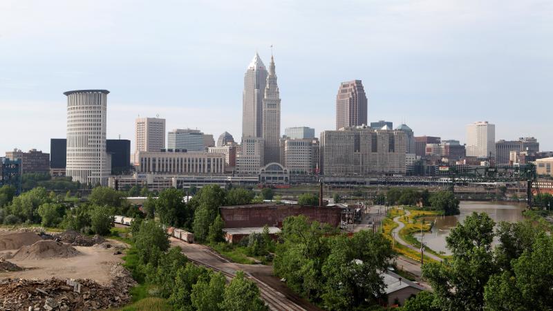 Cleveland Skyline as photographed from the Lorain-Carnegie Bridge on June 19, 2015 in Cleveland, Ohio.