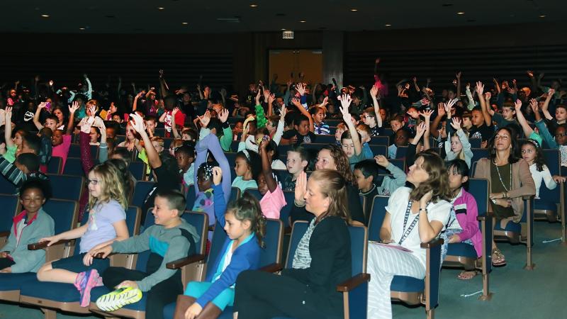 Savvy Shields, Miss America 2017 has questions awaiting her from the student elementary school assembly at the Hess School on October 17, 2016 in Mays Landing, New Jersey.