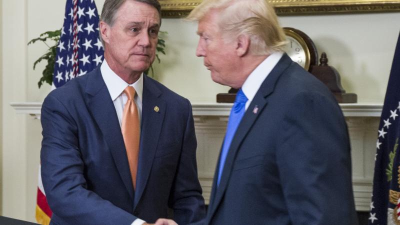 President Donald Trump shakes Sen. David Perdue's hand, Washington, D.C., Aug. 2, 2017