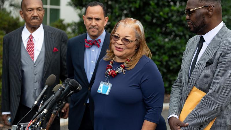 Alveda King (2R), niece of Dr. Martin Luther King Jr., speaks following a meeting with US President Donald Trump and other faith-based inner-city leaders at the White House in Washington, DC on July 29, 2019.