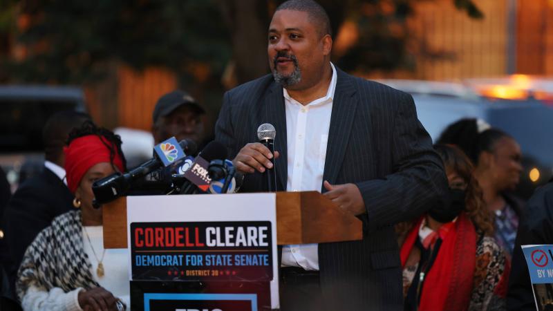 District attorney candidate Alvin Bragg speaks during a Get Out the Vote rally at A. Philip Randolph Square in Harlem on November 01, 2021 in New York City.